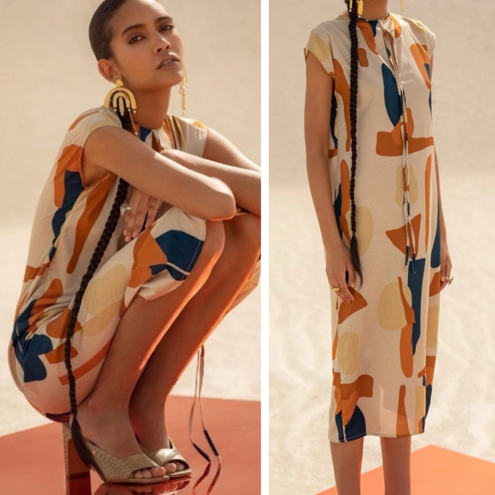 Diarrablu Fany Dress 2XL Plus Size Midi Geometric Print Peasant Tie Artsy Shift